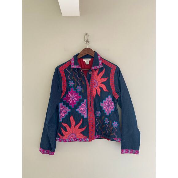 Vintage Jackets & Blazers - VINTAGE MINNIE'S CLOSET Grandma Demin Jacket with Flower and Sequin Embroidery